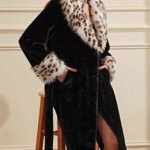 Black Preppy  Women's Oversized Faux Fur Leopard Coat